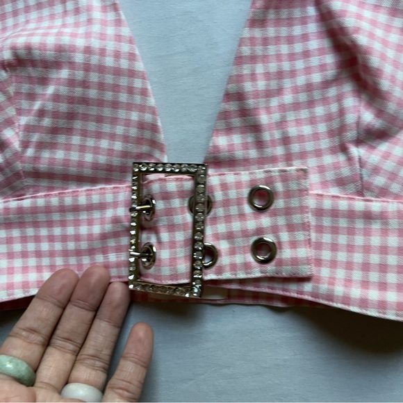 ANGEL LA pink white gingham check plaid crystal gem buckle halter crop backless - Picture 2 of 7